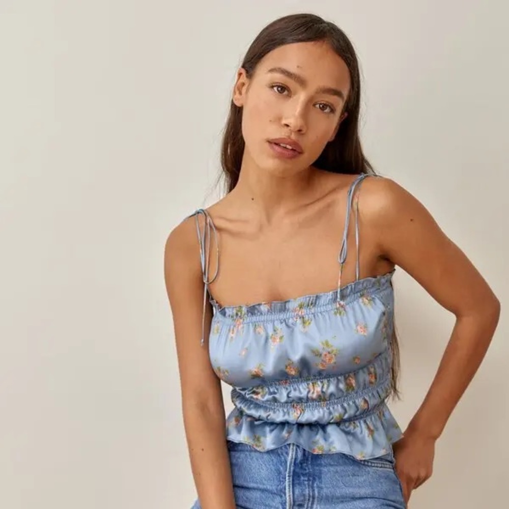 Reformation silk floral Viviana top blue and pink size L